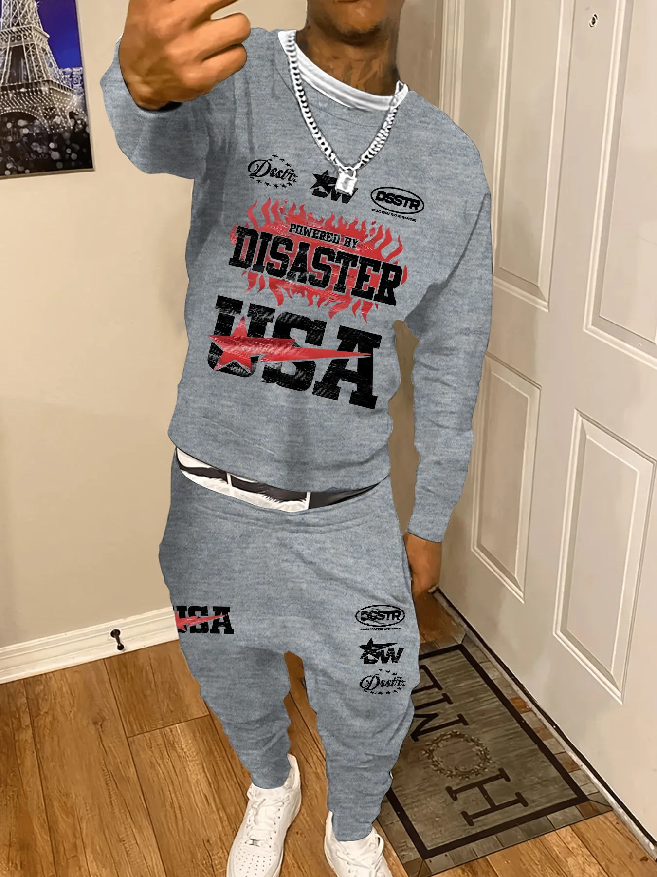 

Мужской костюм-толстовка Loose DISASTER USA Red Flame Street Trends, осенне-зимний комплект из двух предметов