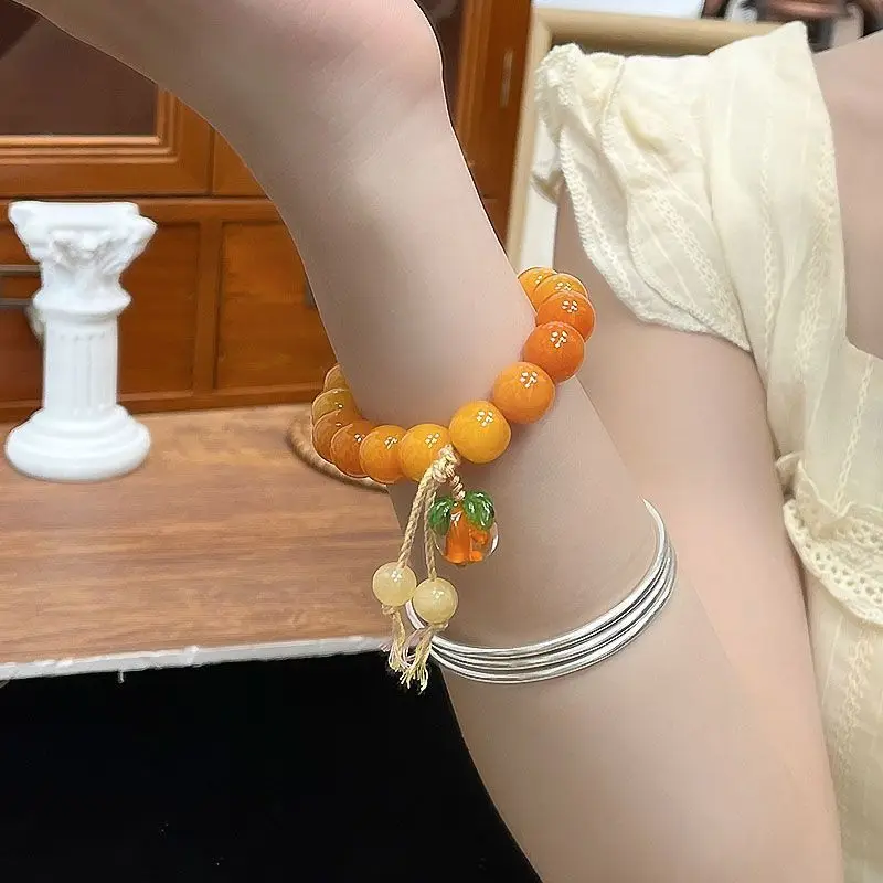 Persimmon Peace Bracelet, Chinese Style, Soft to the Touch, Handcrafted Bodhi Root Buddhist Beads for Girls