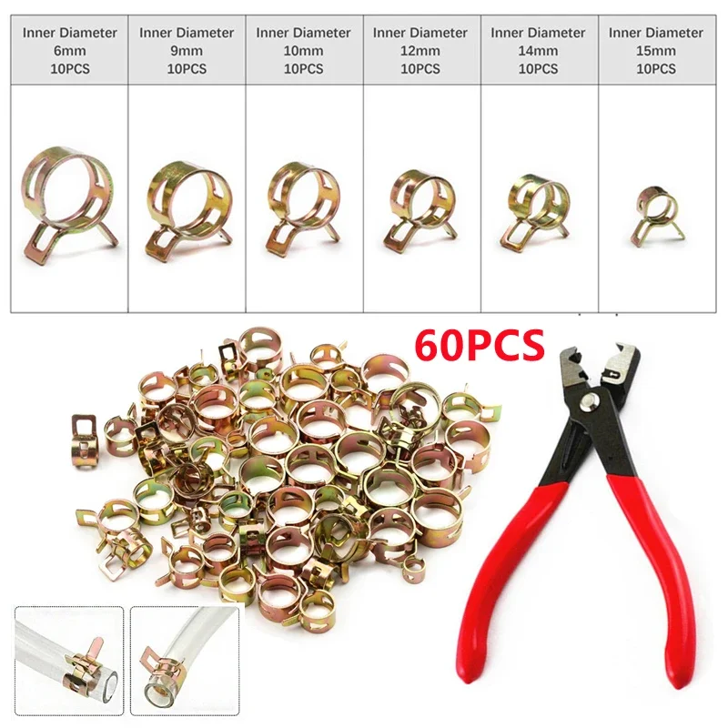 60pcs Spring Hose Clamps 6-15mm Zinc Plated Spring Clip Fuel Line Hose Water Pipe Air Tube Clamps Fastener Pipe Clamp Or Pliers