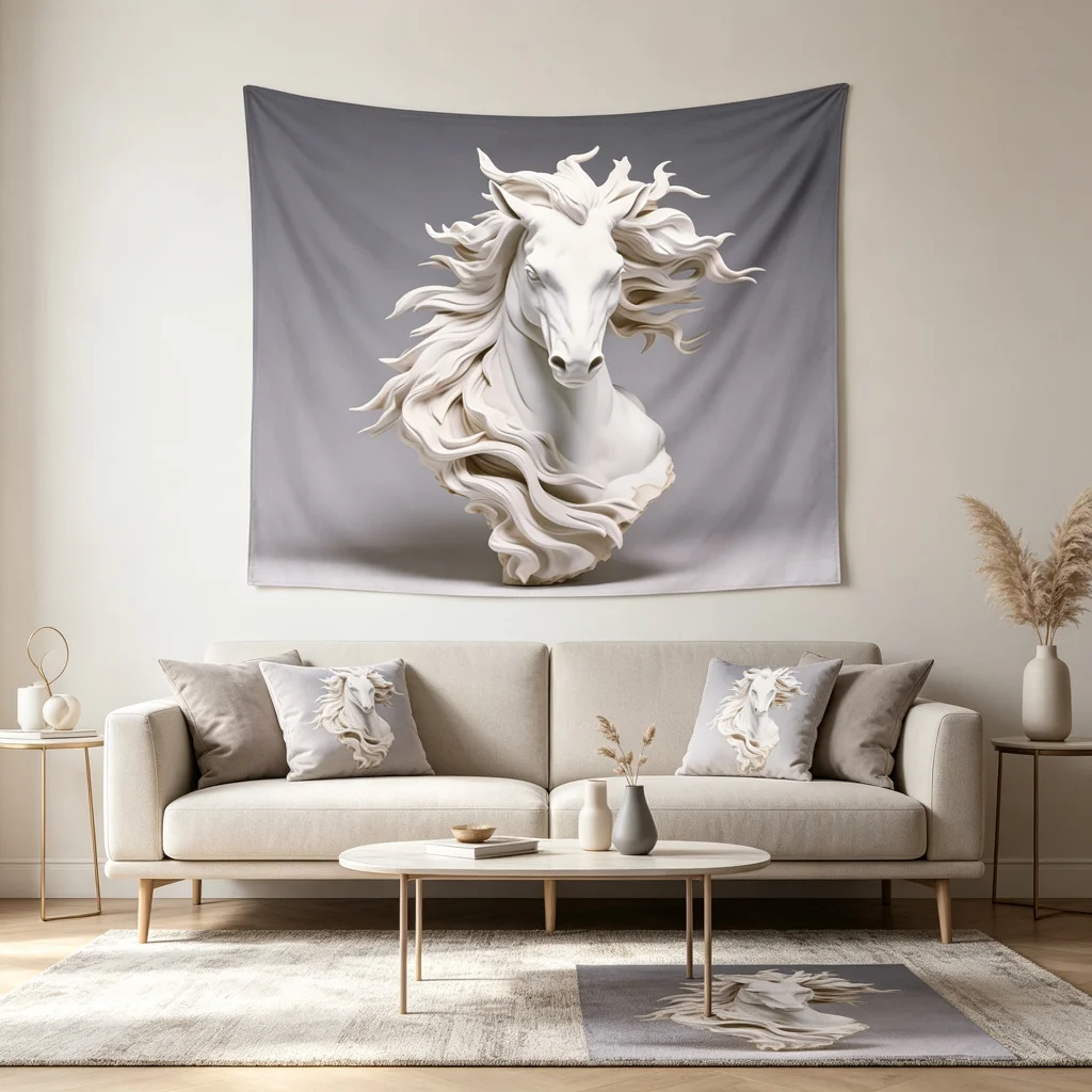 1PC White Horse Sculpture Art Print Backdrop Banner, Bedroom Living Room Photo Background, Polyester, Home Decor, Wall Art