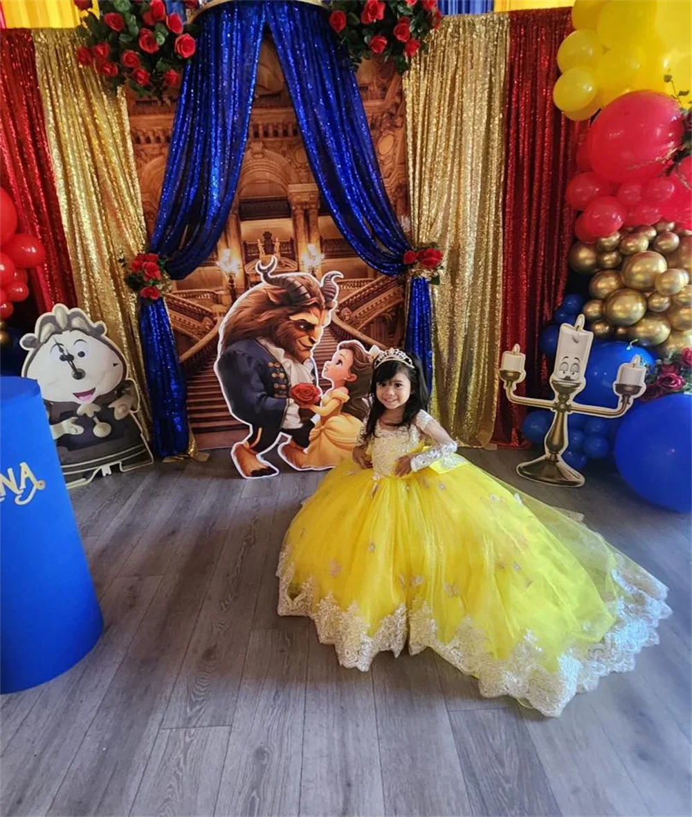

Yellow Flower Girl Dress for Wedding with Bow Fluffy White Lace Appliques Light Eucharistic Birthday Party Prom Customised