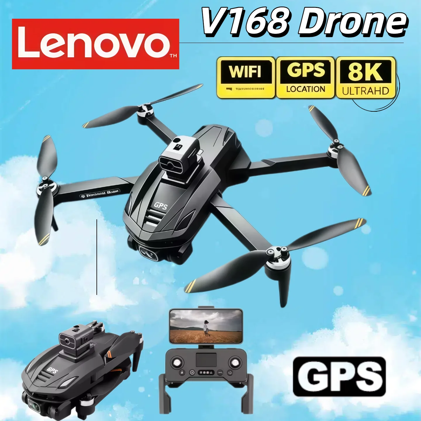 Dron GPS Lenovo Mjia V168 4K Profesional HD con Cámara Dual 8K, Motor sin Escobillas, 5G WIFI FPV, Plegable, Quadcopter RC, Helicóptero