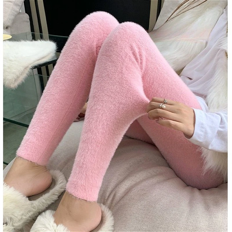 Pink Leggings Girl Warm Mink Fur Casual Legging Pants Outwear Elastic Women's Thermal Underwear Bottoms High Waist Autumn Winter