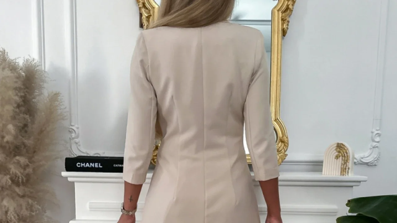 Lapel Neck Button Down Ruched Lace Trim Blazer Dress Women High Waist Solid Color Dress
