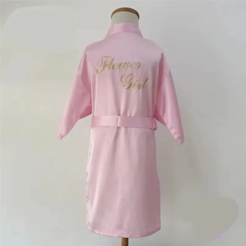 Flower Girl Gold Letter Robes Solid Satin Kids Kimono Children Bathrobes Wedding Party Spa Nightgown