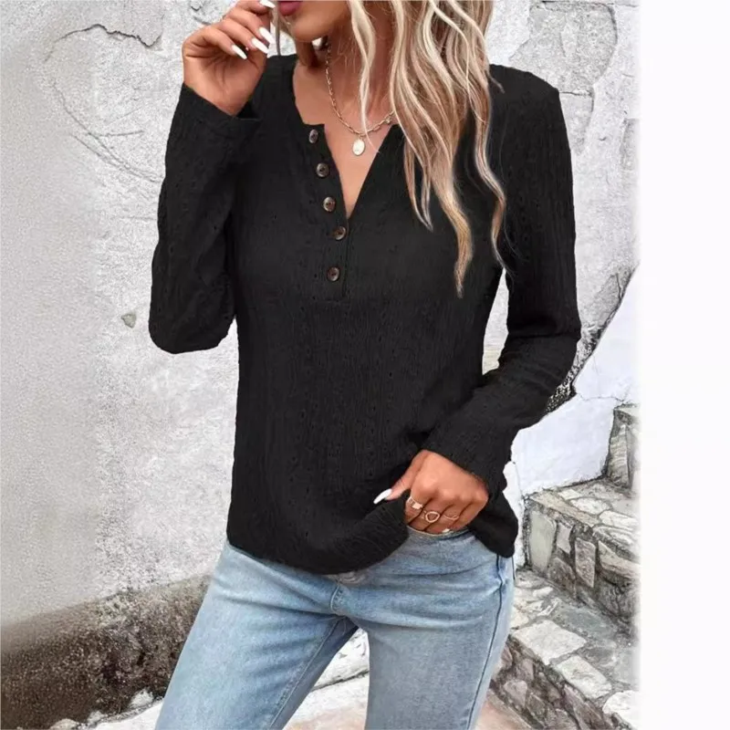 Elegant Woman White Button V-neck Blouse Office Shirt Summer And Autumn Women\'s Fashionable Long Sleeved Hollow Casual Blouse