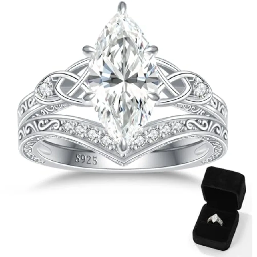 

4CT Moissanite Marquise Engagement Ring Set for Women, Heart Shaped Celtic Knot D Color VVSI S925 Sterling Silver Promise Weddi