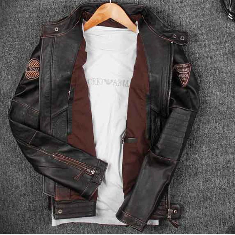 Biker Male Genuine 2023 Leather Cow Leather Clothing Short Real Leather Jacket Punk Spring Mens Leather Motorcycle Coat 4XL A579