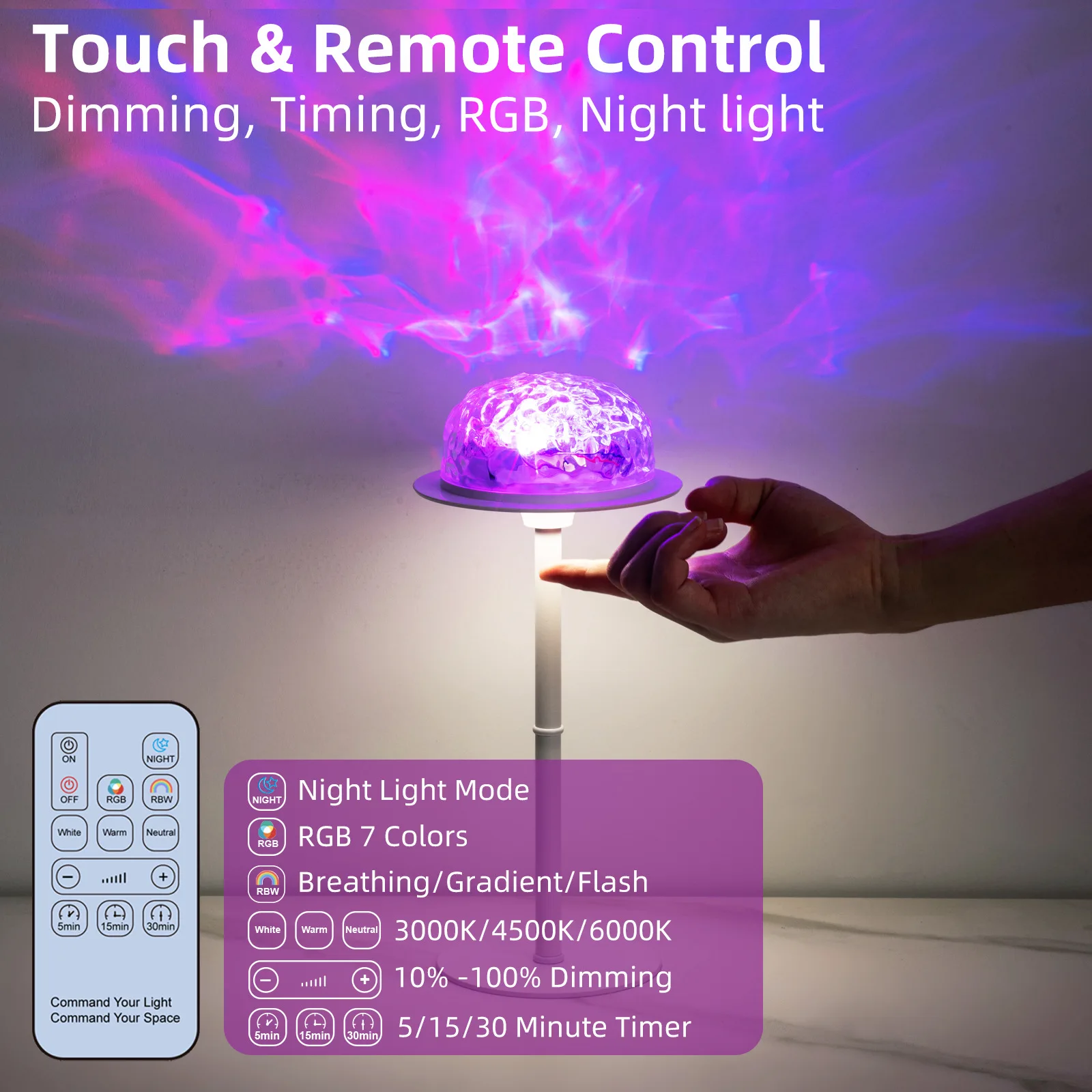Projecteur d'ambiance RGB avec télécommande, projecteur d'ondulation d'eau, Rechargeable par USB, lampe de Table décorative réglable en hauteur pour la maison et le bureau