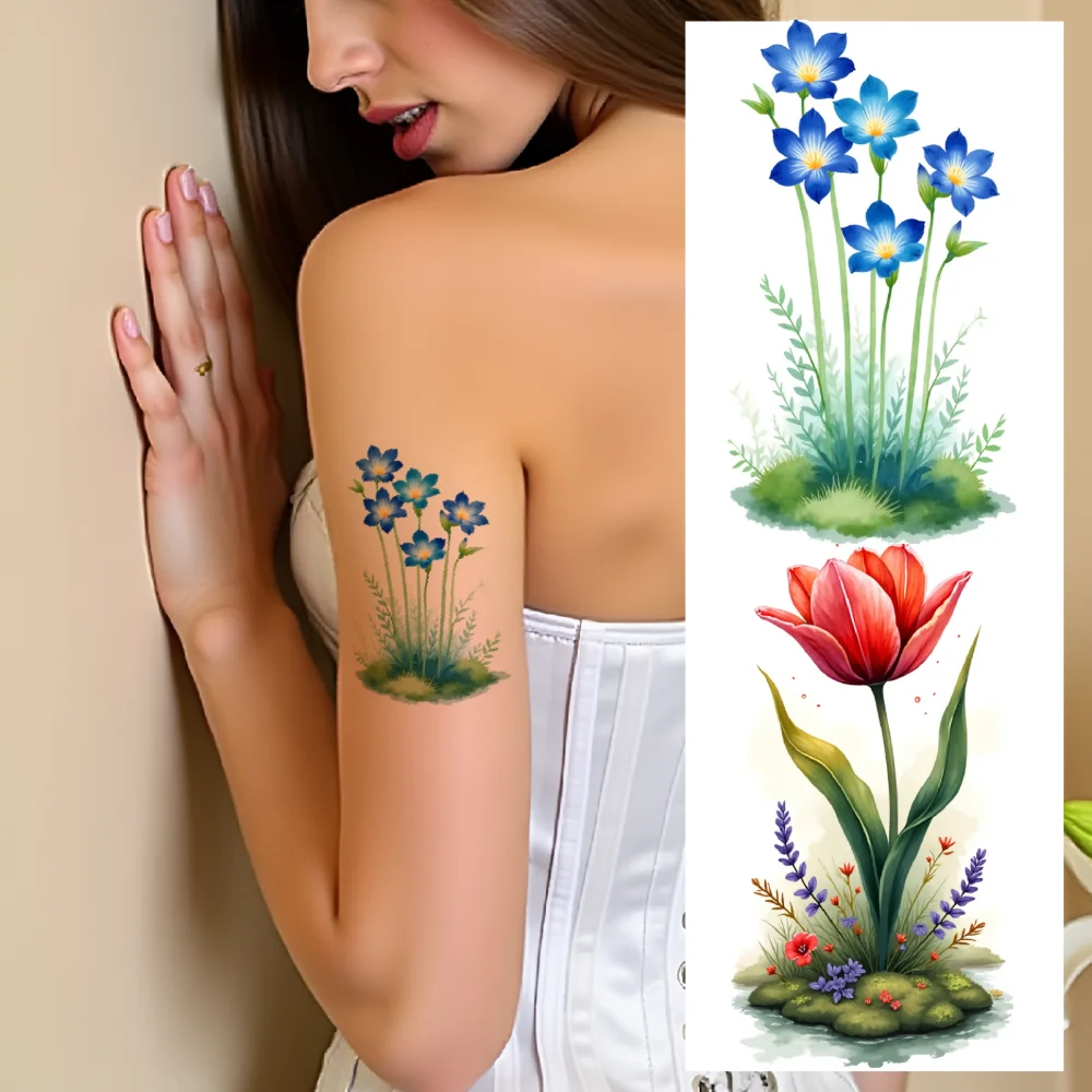 9 قطع من ملصقات زهور الوشم المؤقت المقاومة للماء وملصقات الجسم تدوم طويلاً وتصاميم الأزهار والألوان المائية للفتيات على أكتاف الأسلحة #3
