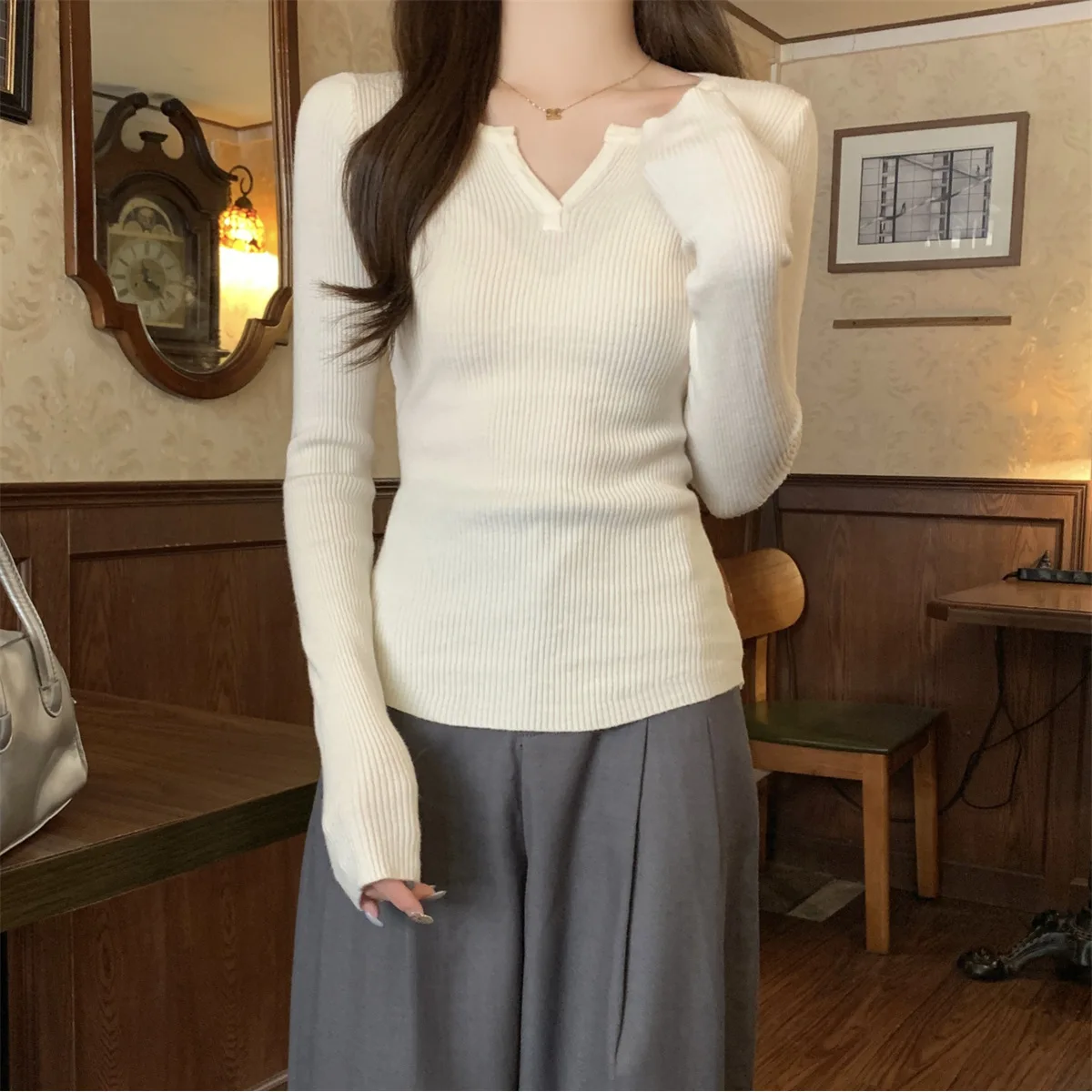 Oatmeal Notch V Neck Rib Knit Long Sleeve Slim Fitted Soft Stretchy Layering Top Spring Autumn Casual Daily Elegant Undershirt