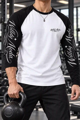 Men Black White Raglan Long Sleeve Tee, Sleeve Letter Graphic Print Color Block T Shirt, 100% Polyester Casual Sports Running Shirts