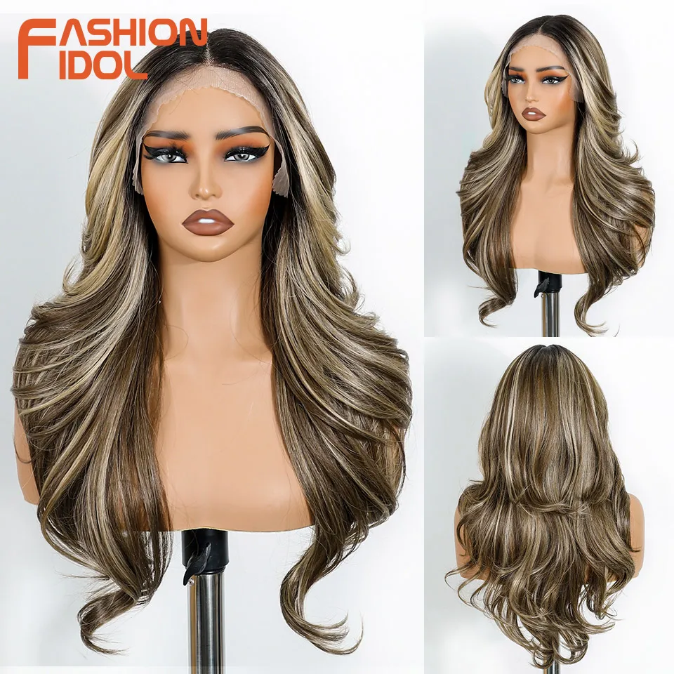 

FASHION IDOL 24-дюймовые длинные свободные волнистые парики спереди для женщин, предварительно вырезанные, предварительно выщипанные, кружевные парики, Ombre Blonde, белый парик для косплея