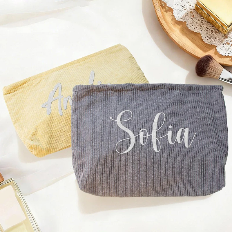 Customized Name Embroidered Corduroy Fabric Cosmetic Bag Fashionable Zippered Multi Functional Foldable Travel Bag for Women Bag