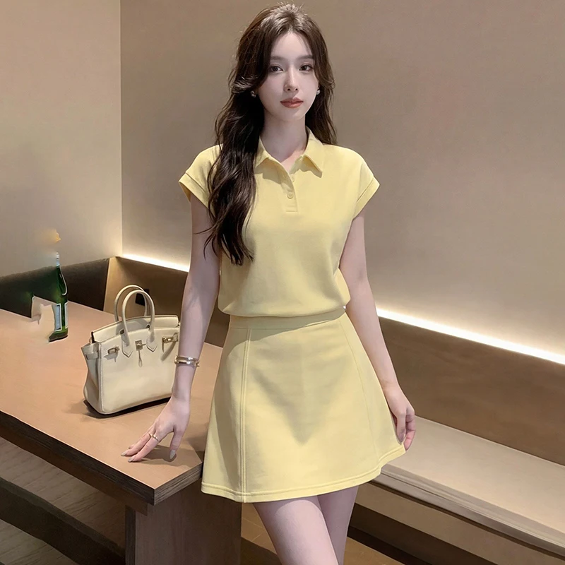 2026 Summer Short Sleeve Polo-Neck Cotton T-shirt Dress Sets for Women Korean Slim Fit and Slimming Tops Skirts Sportswear Suit