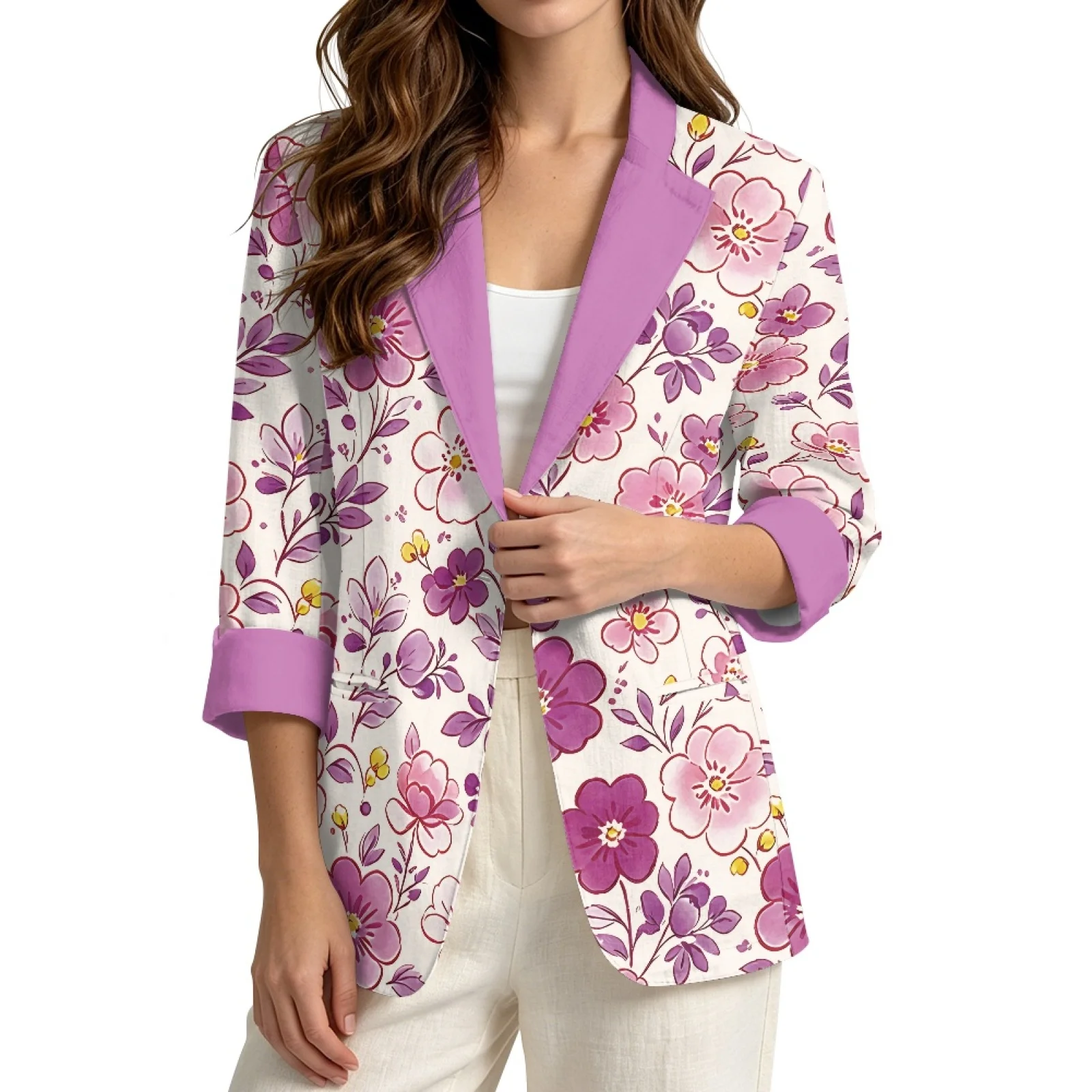 PENSTROLL Floral Print 3/4 Sleeve Light Cover Up for Ladies Linen Style Open Front Tops Cover Up Cardigans