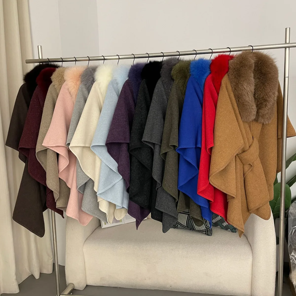 BJTZ خريف شتاء جديد ريال فوكس الفراء طوق كيب شال فضفاض سترة مشغولة من الصوف حجم كبير معطف الصوف للنساء #3