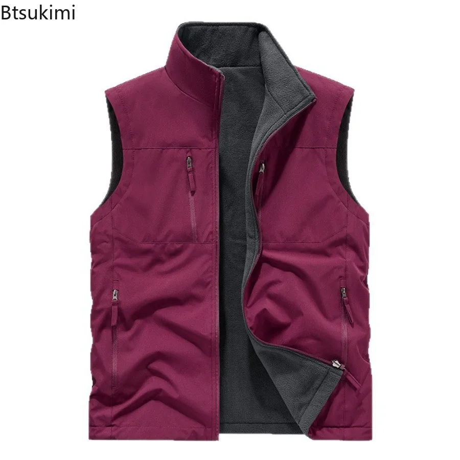 Double-sides Wear Waistcoats Men's Autumn Winter Stand Collar Fleece Sleeveless Jackets Windproof Warm Men Outdoor Casual Vests