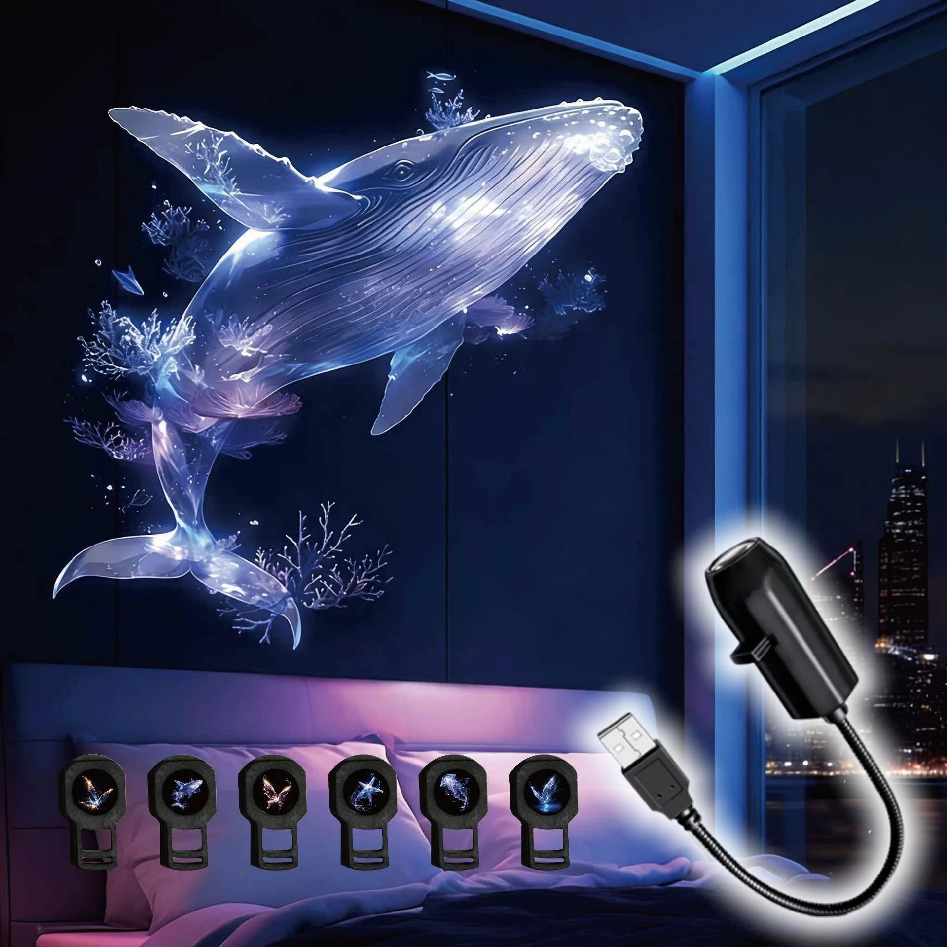 USB Projector Light Whale Jellyfish Butterfly Night Light LED Projector Lamp for Room Window Wall Ceiling Decor Festival Gifts