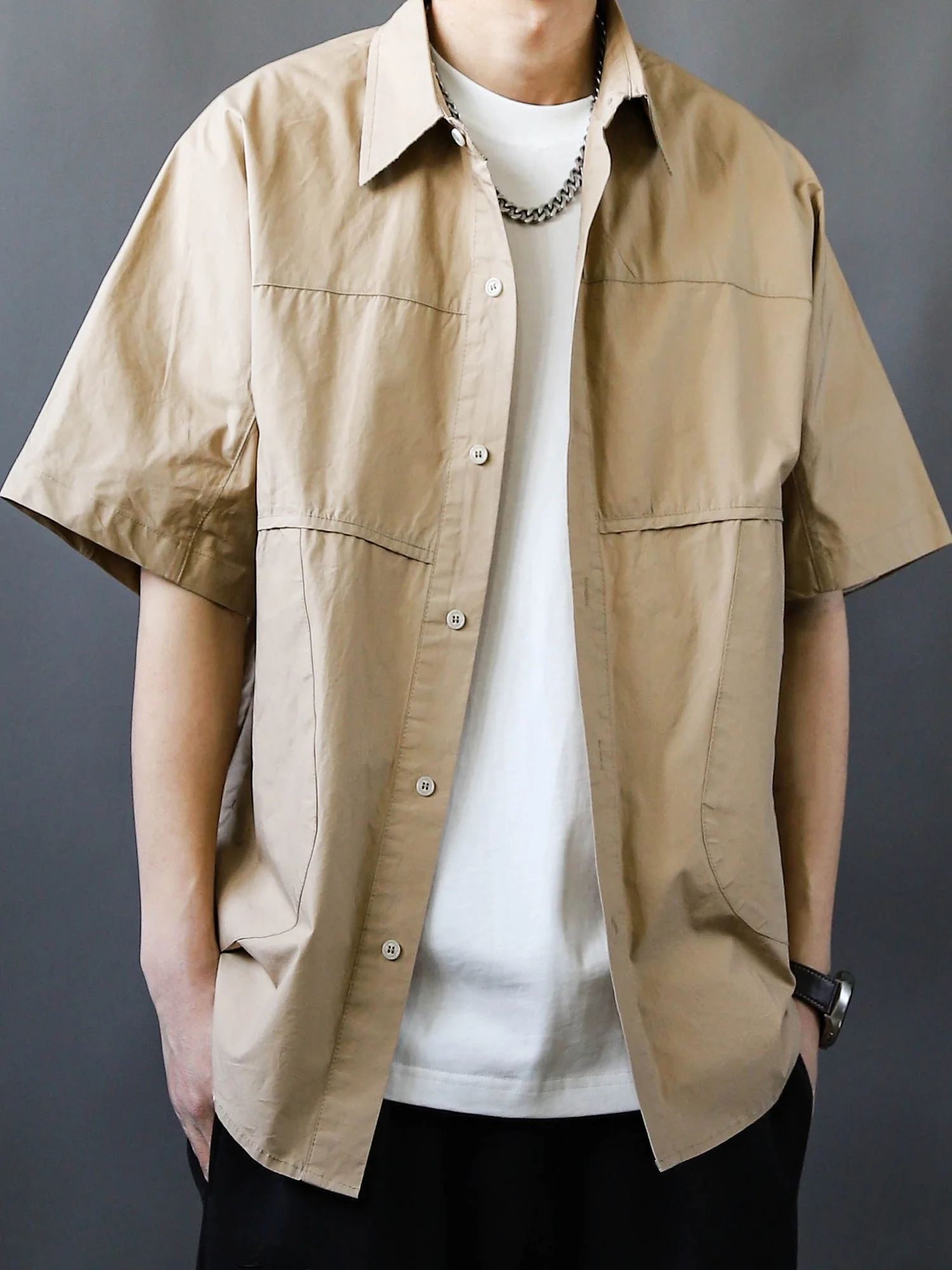 

Лето 2025: Мужская повседневная рубашка из чистого хлопка с коротким рукавом, свободного кроя, с отложным воротником, в стиле колор-блок, модный топ в рабочем стиле
