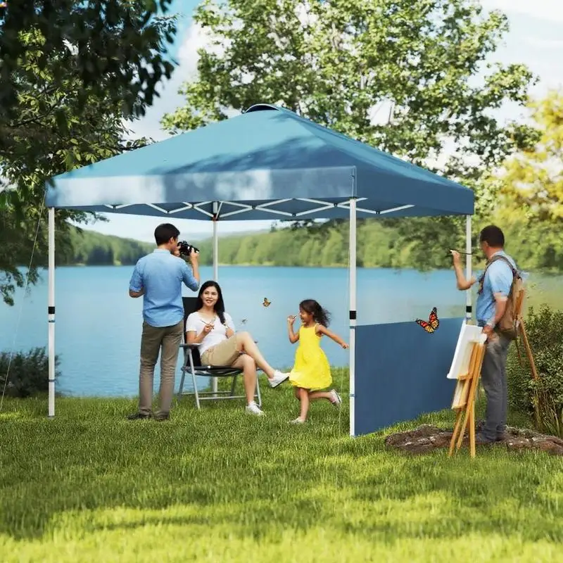 

10x10 ft Pop Up Canopy Tent with 2 Half Sidewalls & Wheeled Carry Bag, Blue Color
