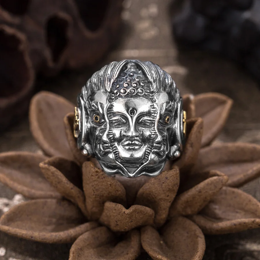 Vintage Buddhism Devil Face Rings for Men Women Exaggerated Hip Hop Rock Jewelry Gifts