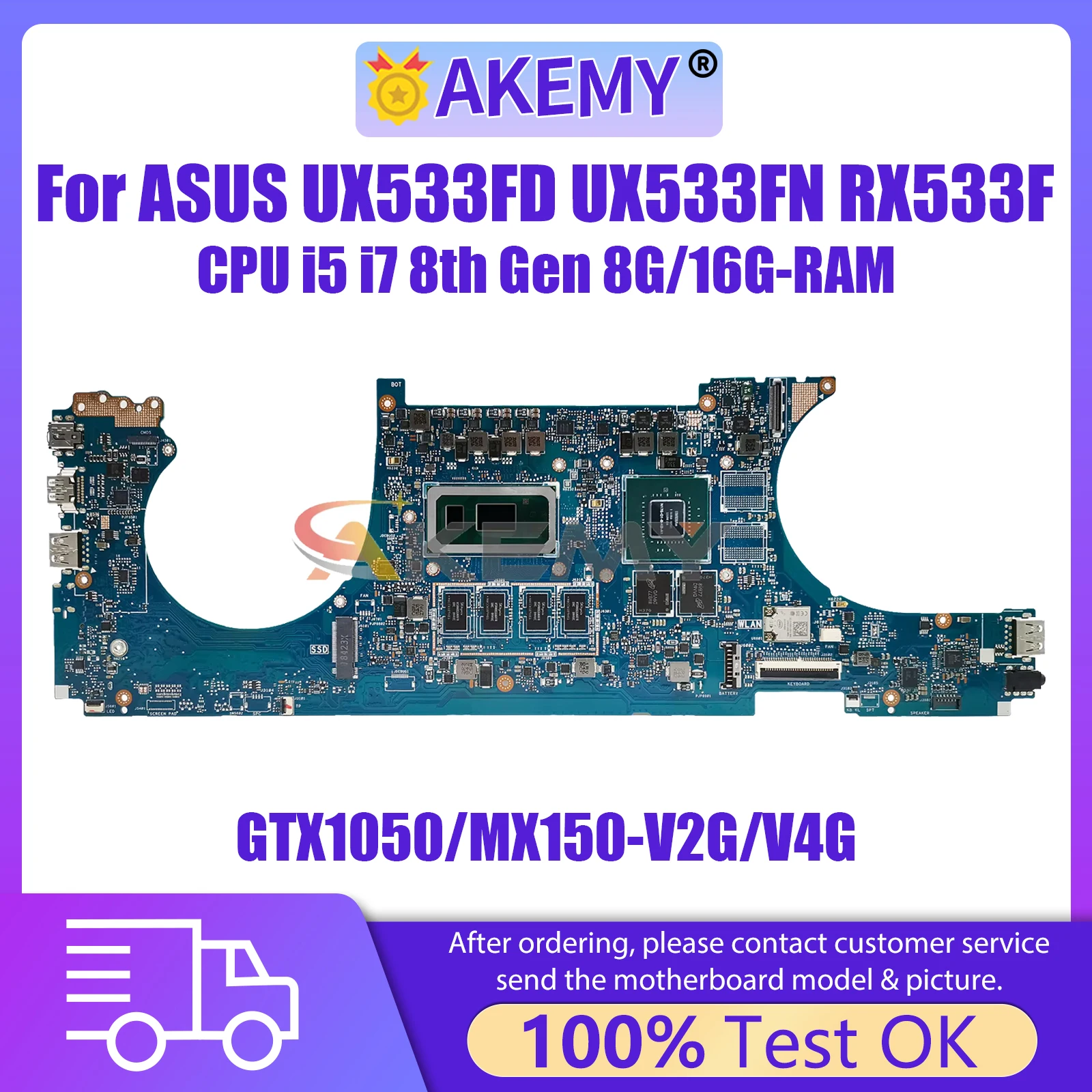 

AKEMY UX533F Mainboard For ASUS ZenBook UX533FD UX533FN RX533F U5300F Laptop Motherboard I5 I7 8th CPU GTX1050/MX150 8GB/16G RAM