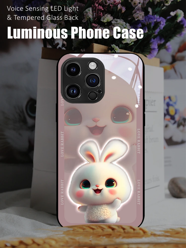 

Cute Bunny LED Light Glowing Luminous Tempered Glass Back Phone Case for Huawei P30 P40 P50 P60 Mate 60 40 50 Nova 10 Pro Plus