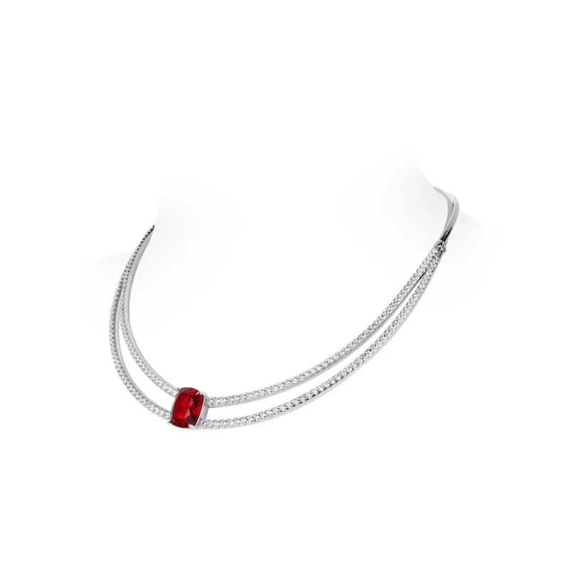 BELLUX Torque necklace 925 Silver Synthetic Zircon Rose Summer Ruby Square Full Diamond Double-layer Fashion Versatile Necklace