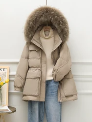 Jaqueta real de pele de guaxinim para mulheres, 90% pato branco, parca grossa e quente feminina, outerwear solto, gola de bolso, novo, inverno, 2023