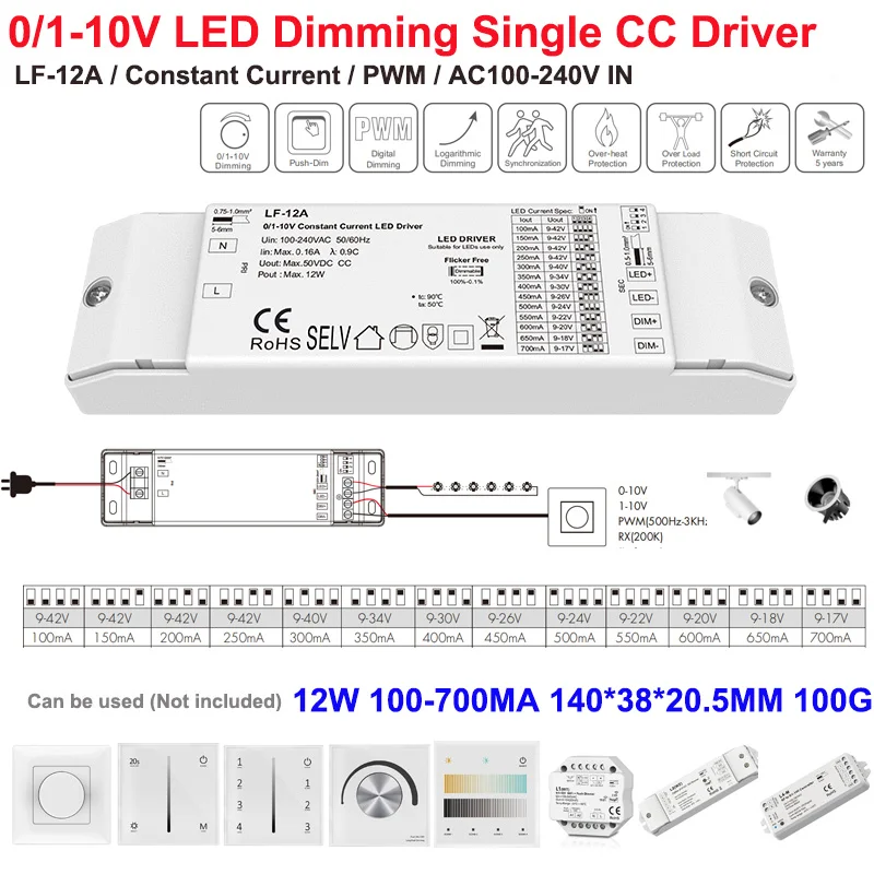 5Skydance 40W 0/1-10V PWM Dimmable Driver Push-Dim AC 110V 220V To DC 12V 24V LED Power Supply For Single Color LED Strip Lights