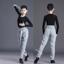 New Arrival gray color boy Latin Dance Pants boys Ballroom Dance Pants Children's lace-up waist Cha Cha/Rumba/Samba Pants