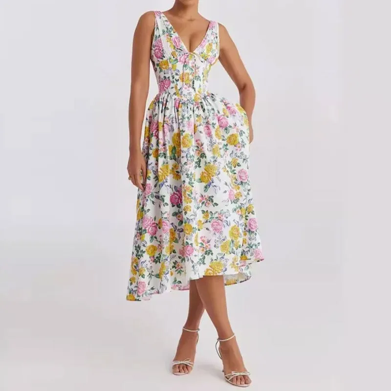 Elegante verão magro midi boho vestido 2025 recém chegados floral impressão sexy profundo decote em v sem mangas a linha vestido de festa de férias robe