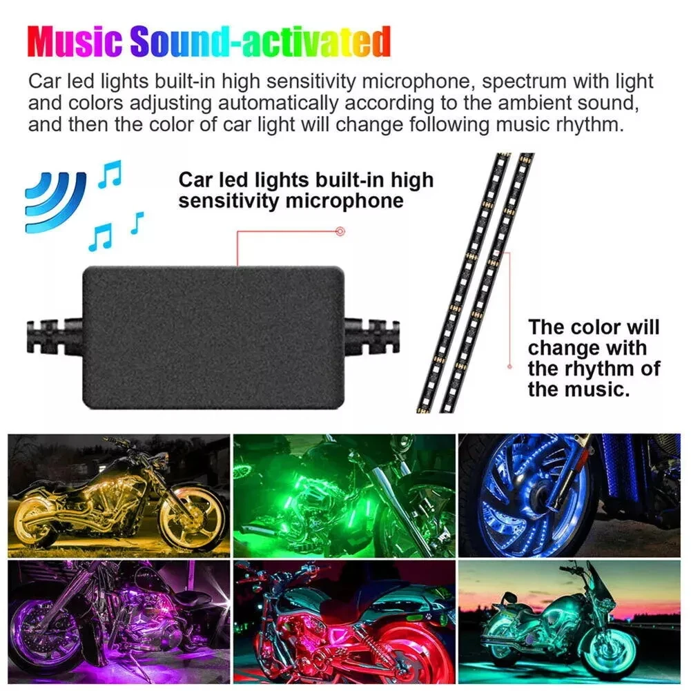 12PCS Motorcycle RGB LED Strip Light Under Glow Neon Kit Bluetooth APP Control