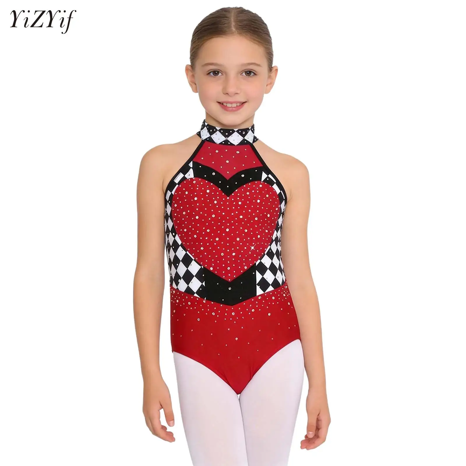 Kids Girls Circus Ringmaster Clown Costume Halter Rhinestone Checked Skirted Leotard Jumpsuit Halloween Themed Party Performance