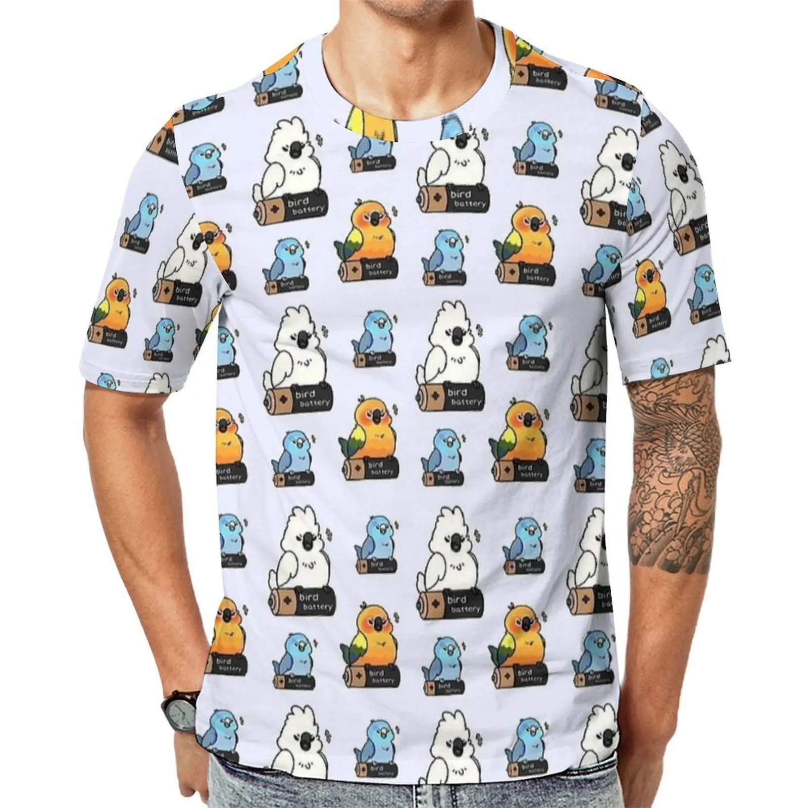 Men Comic Parrots Sticker Print T-Shirt  Novelty T Shirts Short-Sleeved Graphic Tops Cheap Summer Y2K Fun Big Size Clothing