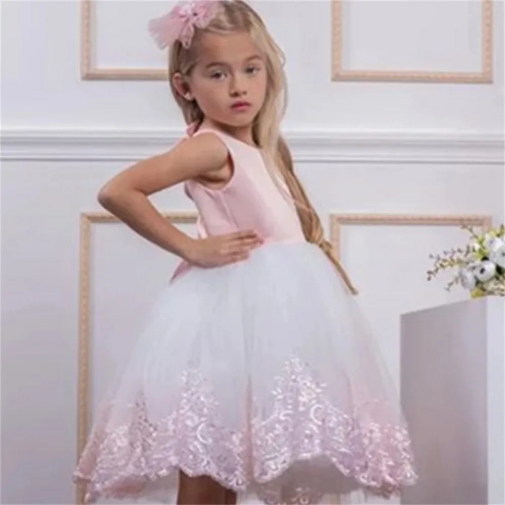 

Sleeveless Leaky Back Printing Bowtie Princess Flower Girl Dress Wedding Party Ball First Communion Dresses Dream Kids Gift