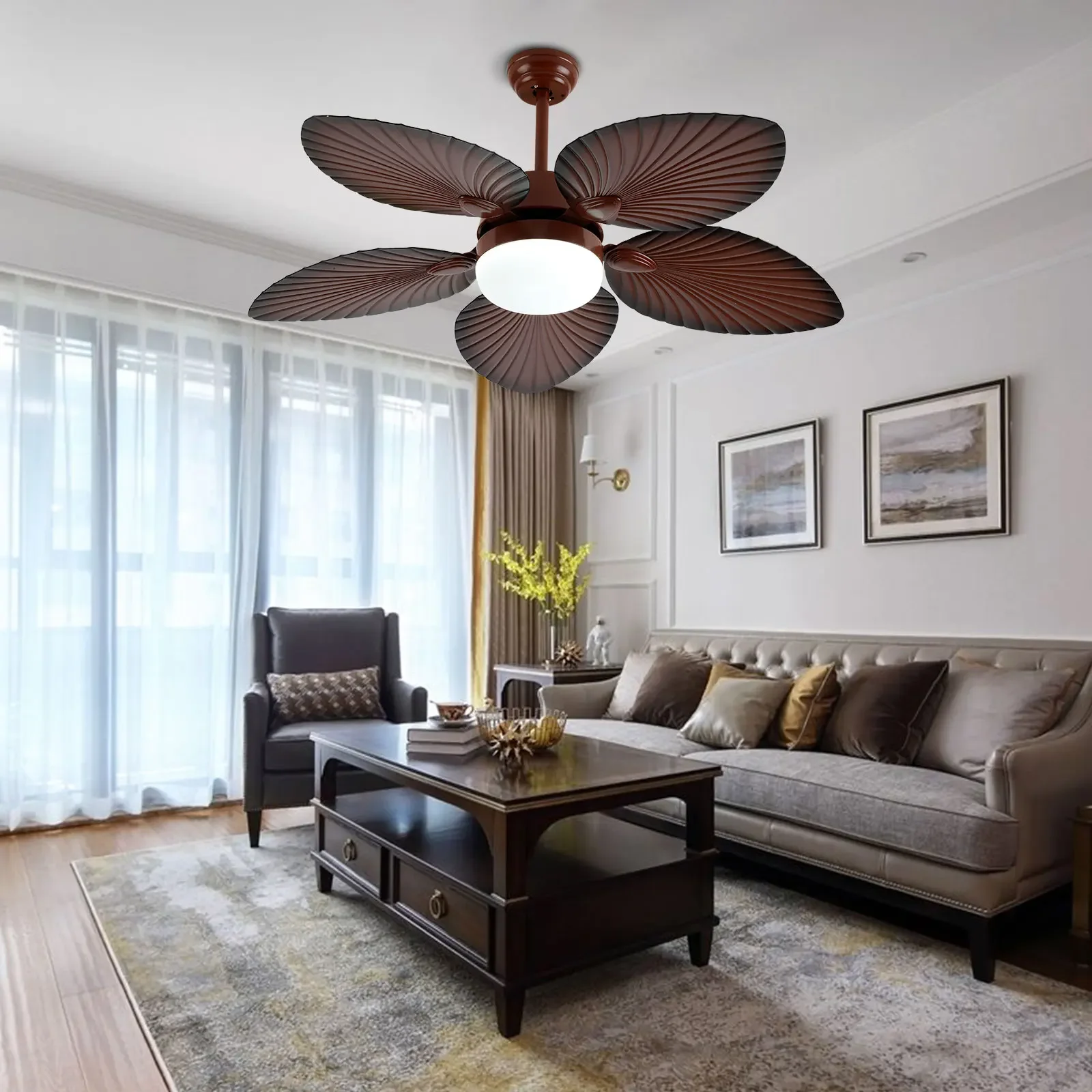 

42/52inch LED Ceiling Fans with 3-Color Light Palm Leaves Fan Lamp Remote Control Hanging Light For Living Room Bedroom