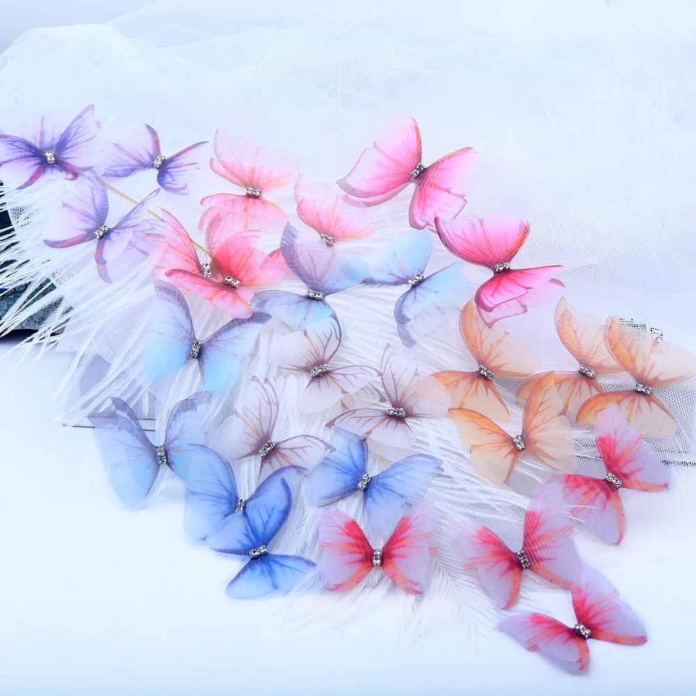 3D Organza Butterfly Silk Rhinestone, DIY Jewelry Making, Choker Earring, Party Decoration, Sewing Supplies, Crafts, 100Pcs