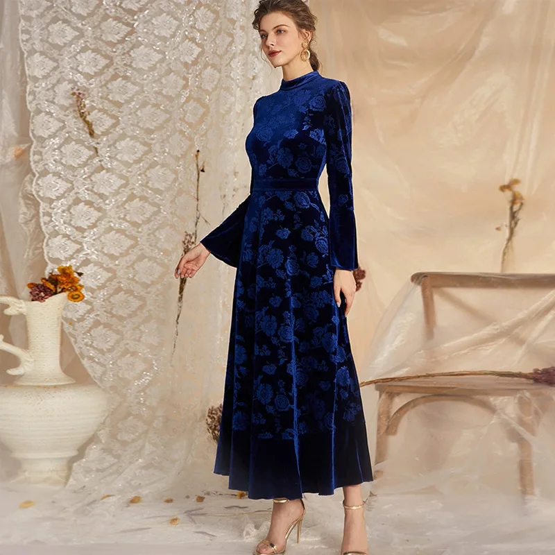 YS-09 Fashion Autumn/Winter New Women's Clothing Elegant Velvet Pattern Lace Long Sleeve Dress