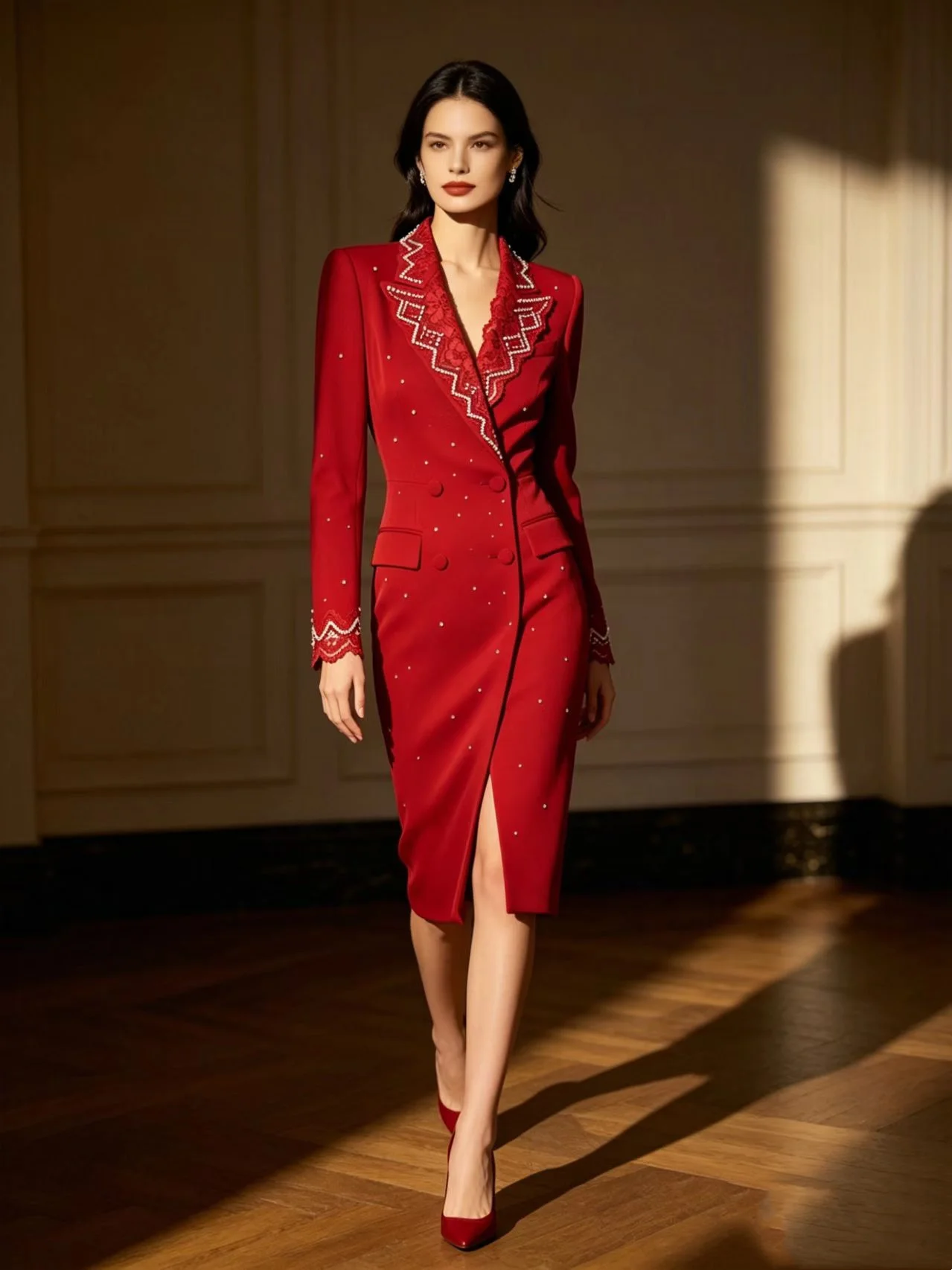 Red Crystals Women Suit Skirt 1 Pcs Long Blazer Prom Dress Spring Cotton Formal Office Lady Jacket Customized Wedding Coat