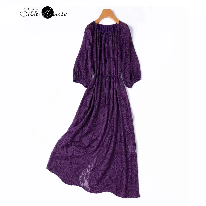 

Heavy Industry Embroidered Natural Mulberry Silk Bubble Sleeves Loose Back Fork with Inner Lining Lace Elegant Women's Dress