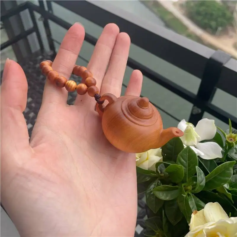 Carved Oriental Teapot Palm Stone - Vintage Chinese Thuja Wood Fidget Sculpture, Scholar's Desk Zen Decor
