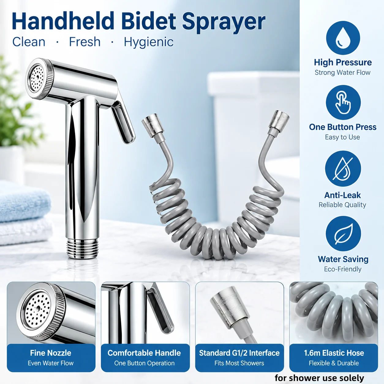 2‑Pc Black/Silver Bidet Spray Gun & Spring Hose Wall‑Mounted Durable Plastic Toilet & Shower Bidet Spray Head