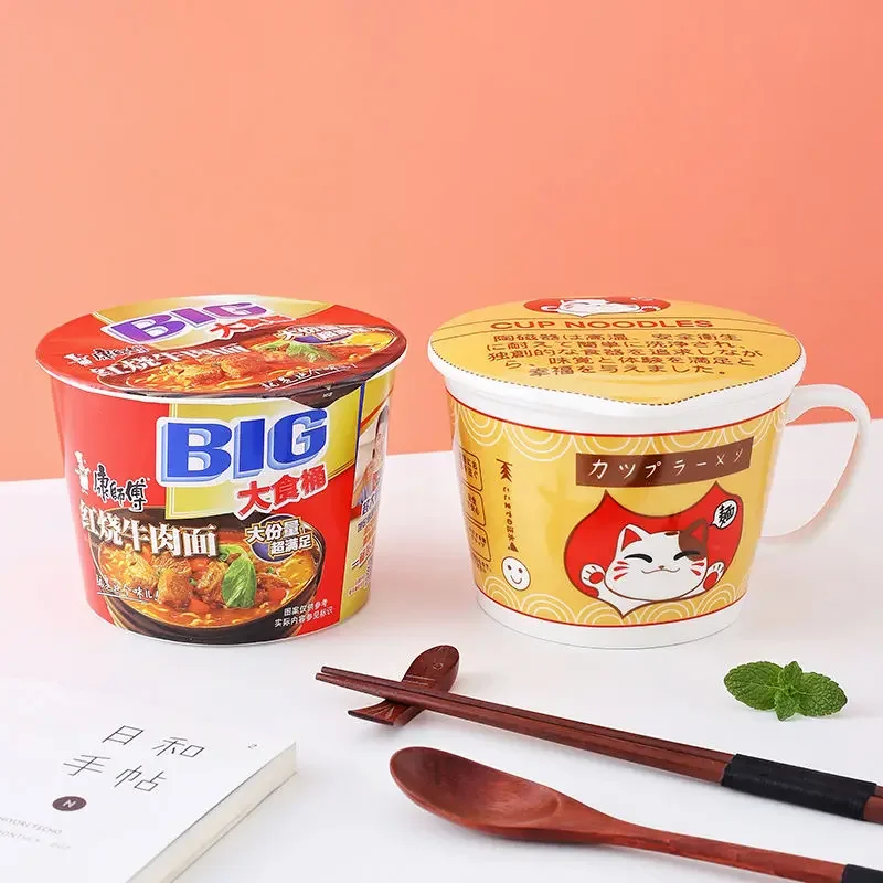 cat noodle Cup bowl ins style creative with cover box Student lunch box instant noodle soup bowl set dinner lunch Ceramic bowl