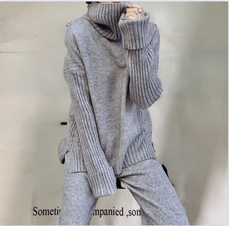 Autumn Winter 2 Pieces Women Sets Knitted Tracksuit 2024 New Turtleneck Sweater and Wide Leg Jogging Pant Pullover Suits