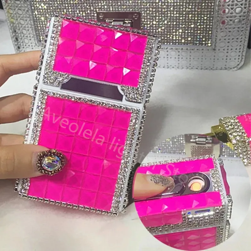 Handmade Rhinestone Metal Cigarette Case with USB Rechargeable Lighter Lighter Case  Tobacco Accessories  Smoking Accessories