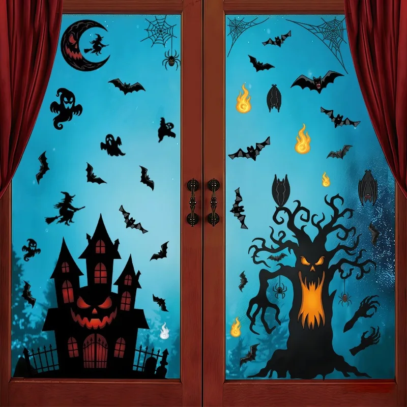 Ghostface Tree Castle Static Glass Door Sticker Mummy Tombstone Party Decoration Horror Window Flowers Halloween Window Stickers