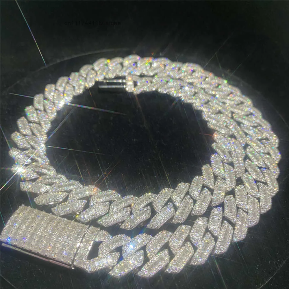 15mm Fine Hip Hop Jewelry Baguette Diamond Men Necklace Sterling Silver Fully Vvs Luxury Moissanite Cuban Link Chain.