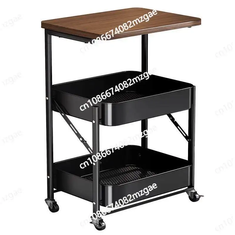 Vintage Folding Bed with Rolling Storage Cart, Floor Standing Storage Shelf for Bedroom, Snack & Tea Table Organizer Rack